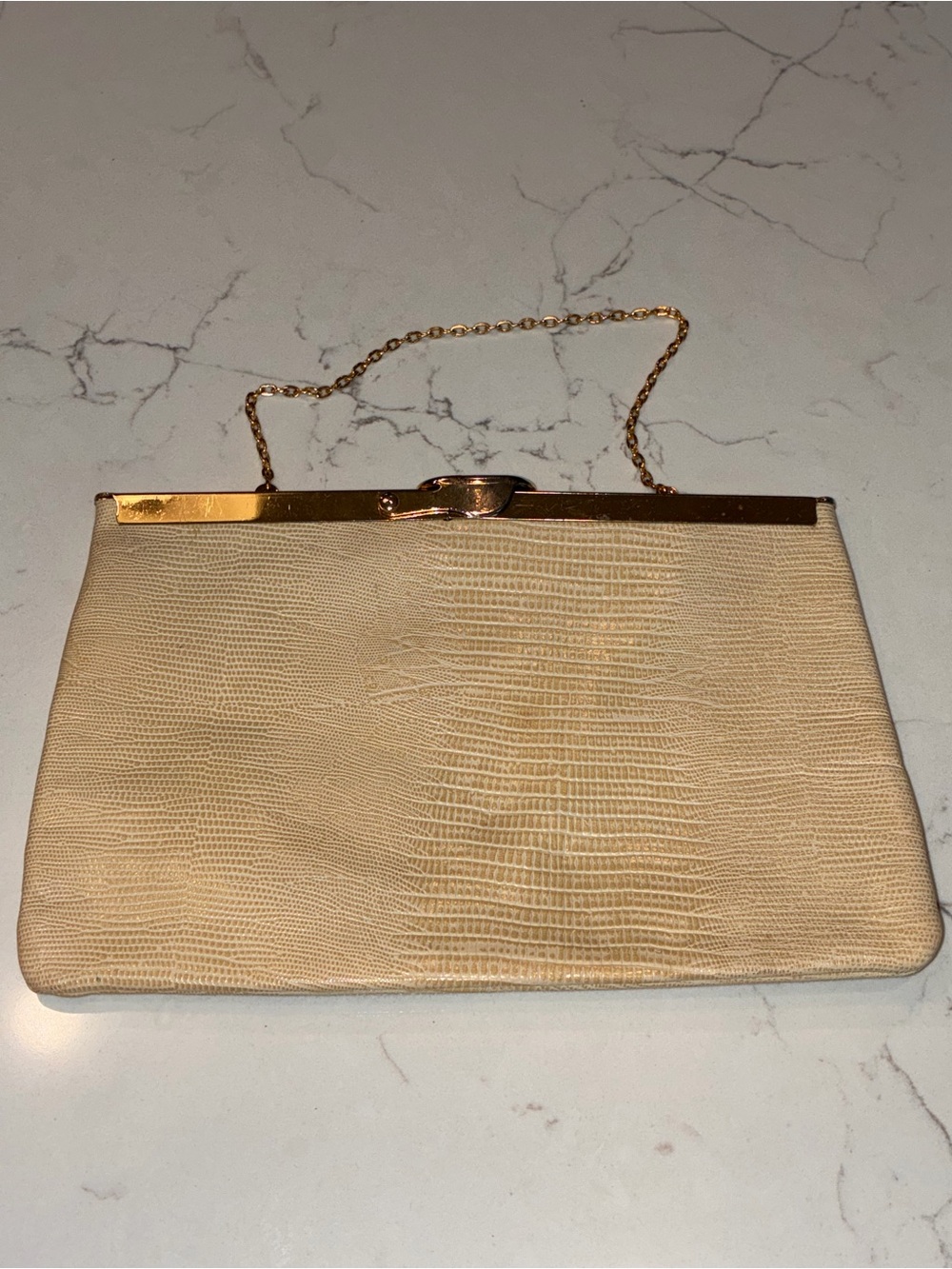 Vintage 1960s Etra Cream Lizard-Embossed Leather Frame Clutch